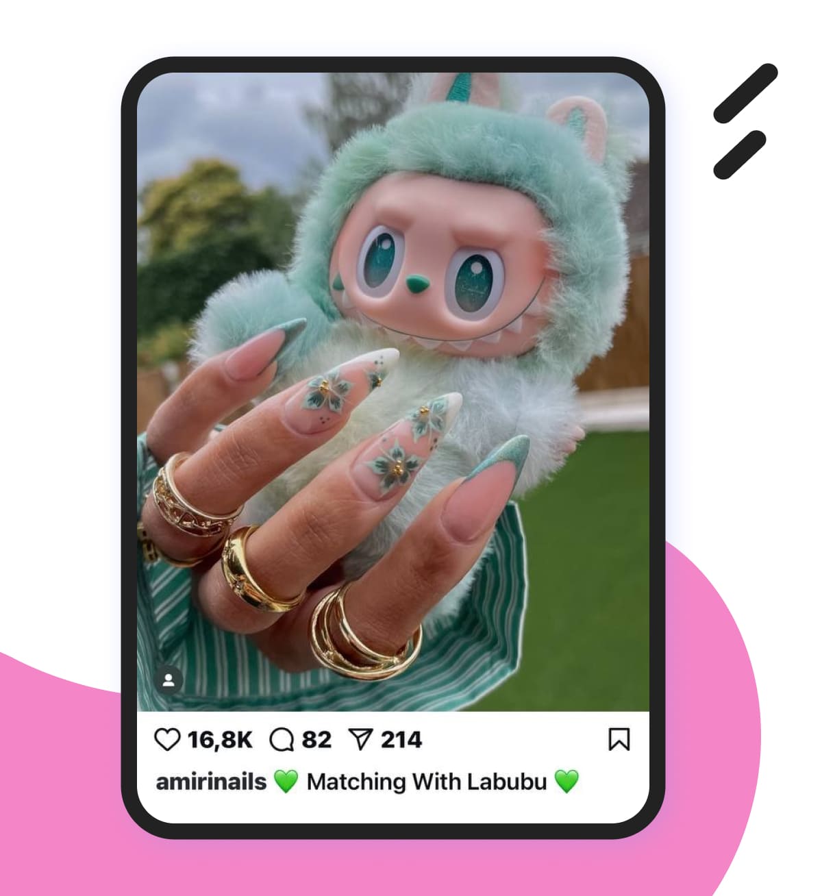 an IG post featuring nail design that matches Labubu’s color