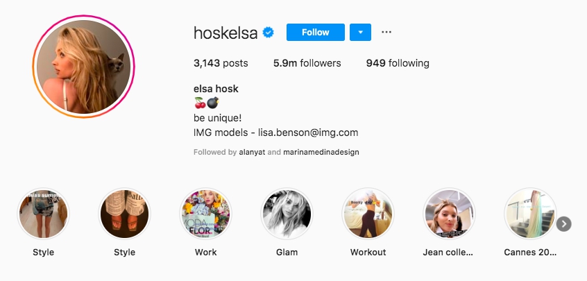 Elsa Hosk Instagram bio