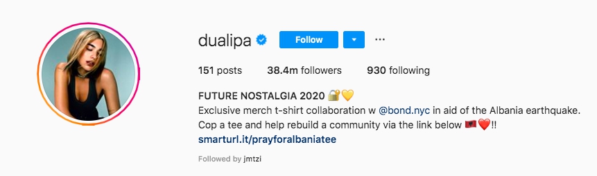 Dua Lipa Instagram account