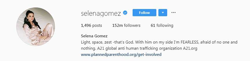 instagram bio for girls of selena gomez